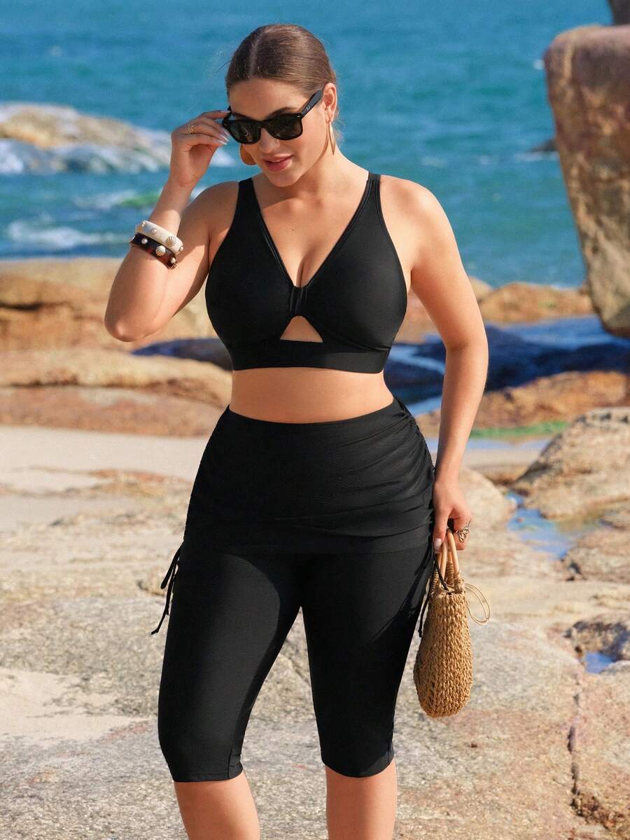 Swim SPRTY Plus Size Women Solid Color Drawstring Design Casual Swim Leggings - Black - View 1