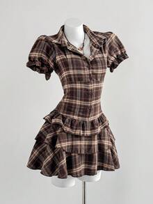 Elamini Women's Plaid Collar Ruffle Hem Vintage Style Date Party Mini Dress - Multicolor - View 1