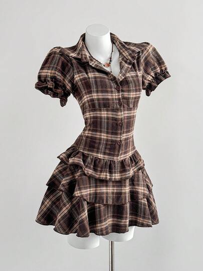 EgrlEra 女士格子领荷叶边下摆复古风约会派对迷你连衣裙