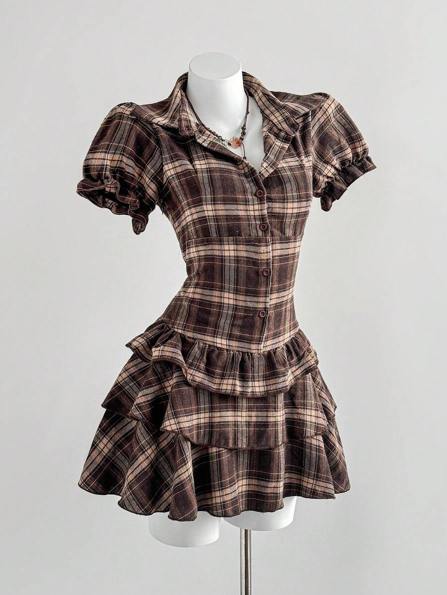 Elamini Women's Plaid Collar Ruffle Hem Vintage Style Date Party Mini Dress - Multicolor - View 1