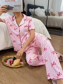 Napfluff Bộ đồ ngủ nữ in họa tiết sọc và nơ, viền tương phản. - Hồng - Xem 5