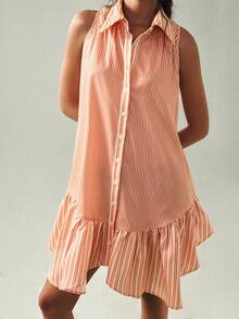 SoleilVie 女士条纹无袖不对称荷叶边下摆优雅短裙 - 橘色 - 查看 5