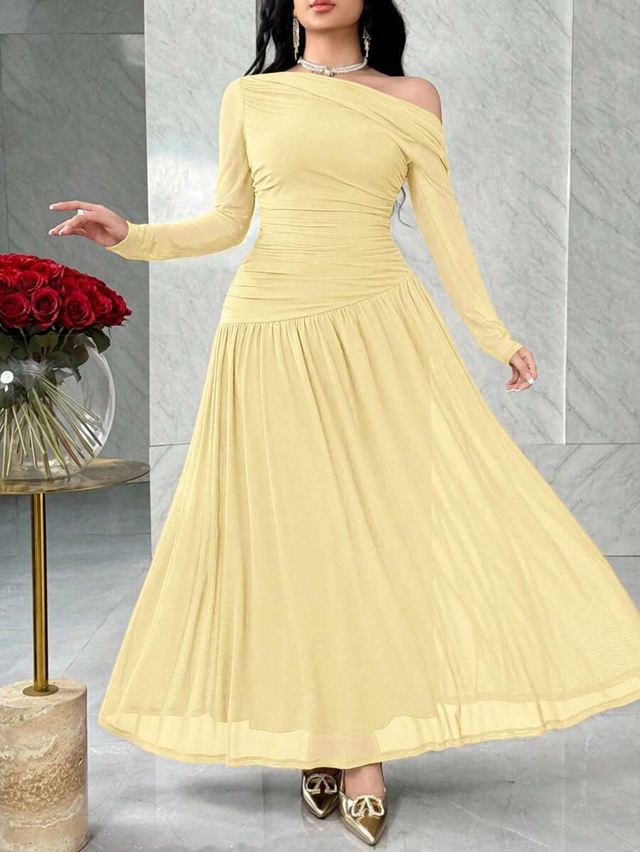 Feyla Women's Solid Color Ruched Asymmetric Waist Elegant Long Dress, Suitable For Dates And Parties - Pale Yellow - View 1