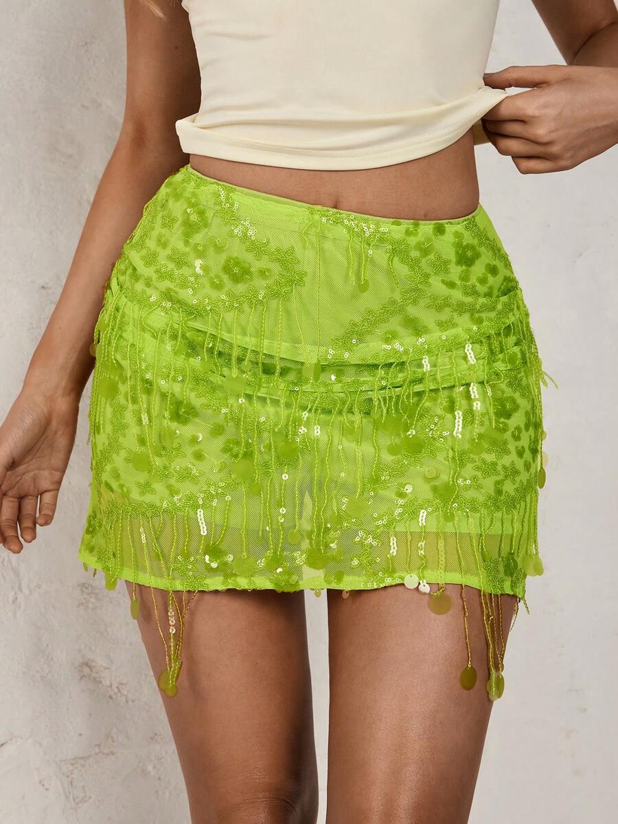 SHEIN Glamour Quần culottes màu đỏ tía mới, làm thủ công, đính hoa 3D tua rua, sequin, co giãn ở hai bên, thích hợp cho đêm hội hóa trang, dự tiệc, đi nghỉ mát, thanh lịch gợi cảm, cô nàng nóng bỏng, đi chơi, quần culottes đính sequin tua rua. - màu xanh lá - Xem 1