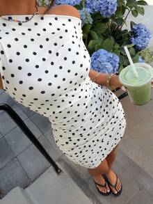 Muchica Knitted Polka Dot Dress Asymmetrical Shoulder Ruched Mini Dress, Elegant Dress Women, Spring/Summer New Arrival Polkadot Dress Ruched Dress Short Sleeve Dress White Polka Dot Dress - Apricot - View 5