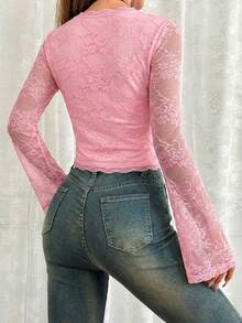 SHEIN EZwear 女士粉色V领蕾丝拼接复古喇叭袖T恤，春夏款 - 粉色 - 查看 2