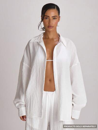 Musera Resort 超大款亚麻衬衫罩衫，适合泳装、度假、夏季旅行、海滩装、单身派对、婚礼、新娘告别单身派对等场合，纯色，休闲百搭。