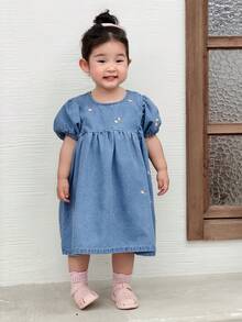 DAZY Đầm denim tay phồng cổ tròn kiểu Hàn Quốc cho bé gái - Màu xanh lam - Xem 4