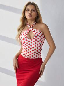 HautHeat Women's Polka Dot Print Hollow Out Halter Neck Sleepwear Top - Red - View 1