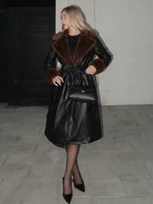 Turnttoni 女士时尚街头风拼接仿毛皮尖领系带长款PU皮风衣，秋冬款 - 彩色 - 查看 1