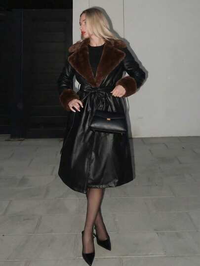 Turnttoni 女士时尚街头风拼接仿毛皮尖领系带长款PU皮风衣，秋冬款