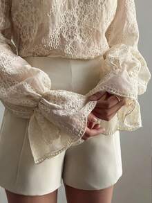 DAZY Women's Round Neck Semi-Sheer Lace Flare Sleeve Blouse - Apricot - View 1