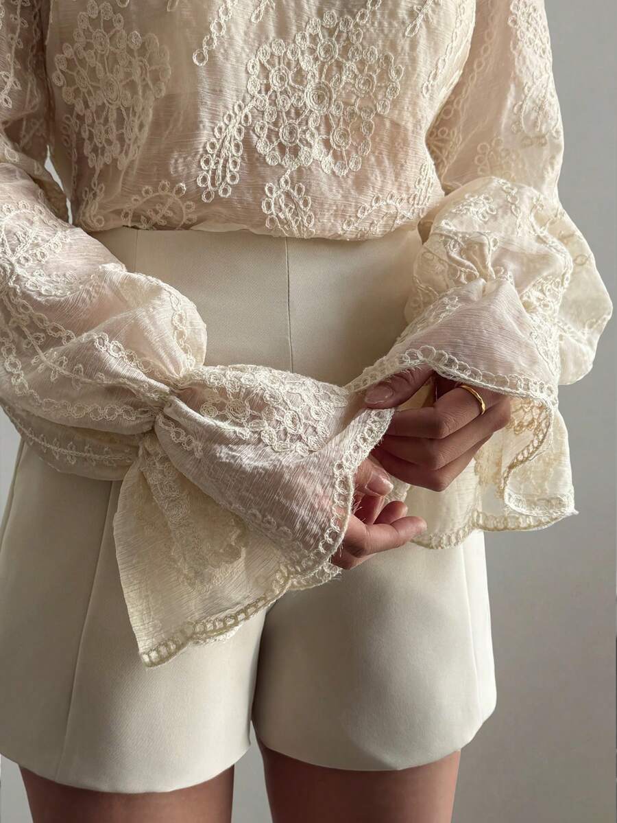 DAZY Women's Round Neck Semi-Sheer Lace Flare Sleeve Blouse - Apricot - View 1