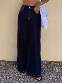 DAZY Loose Casual Straight-Leg Women's Jeans With Slant Pockets, Versatile - Navy Blue - View 6