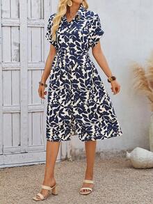 EMERY ROSE 女士休闲度假风衬衫领蝙蝠袖纽扣中长连衣裙，适合日常外出和休闲穿着。女士夏季连衣裙，裹身裙，女士夏季服装，女士休闲连衣裙，女士度假连衣裙，夏季度假服装，女士休闲连衣裙 - 藍色 - 查看 5