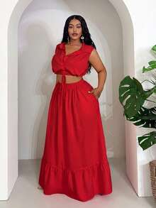 Slaydiva 2025 New Plus Size Women 2-Piece Set: Cropped Tank Top & A-Line Skirt, Commuter Outfit, Summer Outfits Red Two Pieces Women's Two Pieces Set Long Skirt Set Skirt And Top Set Red Casual Outfit - Red - View 6