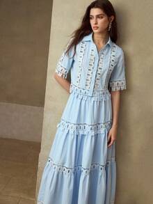 MOTF PREMIUM SPRING/SUMMER WOMEN'S SHORT SLEEVE SHIRT WITH HOLLOW PATCHWORK, BUTTERFLY RUFFLE TRIM, RUFFLE HEM A-LINE SKIRT 2 PIECES SET VACATION ELEGANT - Blue - View 6