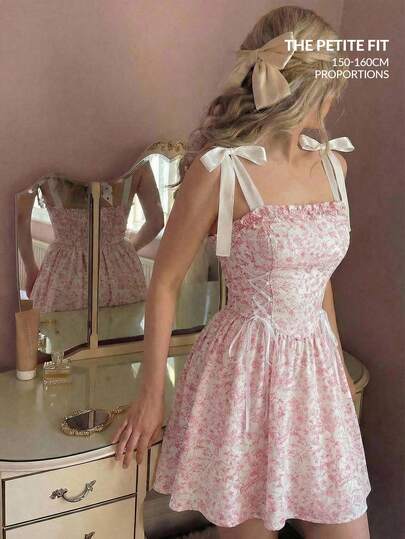 SHEIN MOD Petite Women's Petite Pink And White Jacquard Dress Floral Printed Sleeveless Bow Tie Straps,Fit For The 150-160cm,Petite Perfect,Designed For Petites,Vintage Court Flared Skater Dress Pink Short Dress, Spring/Summer Outfits Women,Romantic,Elegant Vacation Party Midi Dress,Summer Holiday Outfits,Elegant Party , Luxury Evening, Ceremony,Beach Vacation Outfits,Vacation Outfits Women, Elegant Women's Ceremony Dress,Wedding Guest Dress For Women,Formal Dress,Graduation Dress, Picnic Dresses, Babydoll Dress