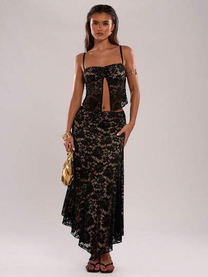 SHEIN BAE Women's Casual Vacation Camisole Ruched Top Paired With Asymmetrical Hem Lace Fabric 2-Piece Set, Black Lace Set, Suitable For Beach Vacation, Beach Resort, Girlfriend Gathering, Romantic Vacation, Black Vacation Lace Set