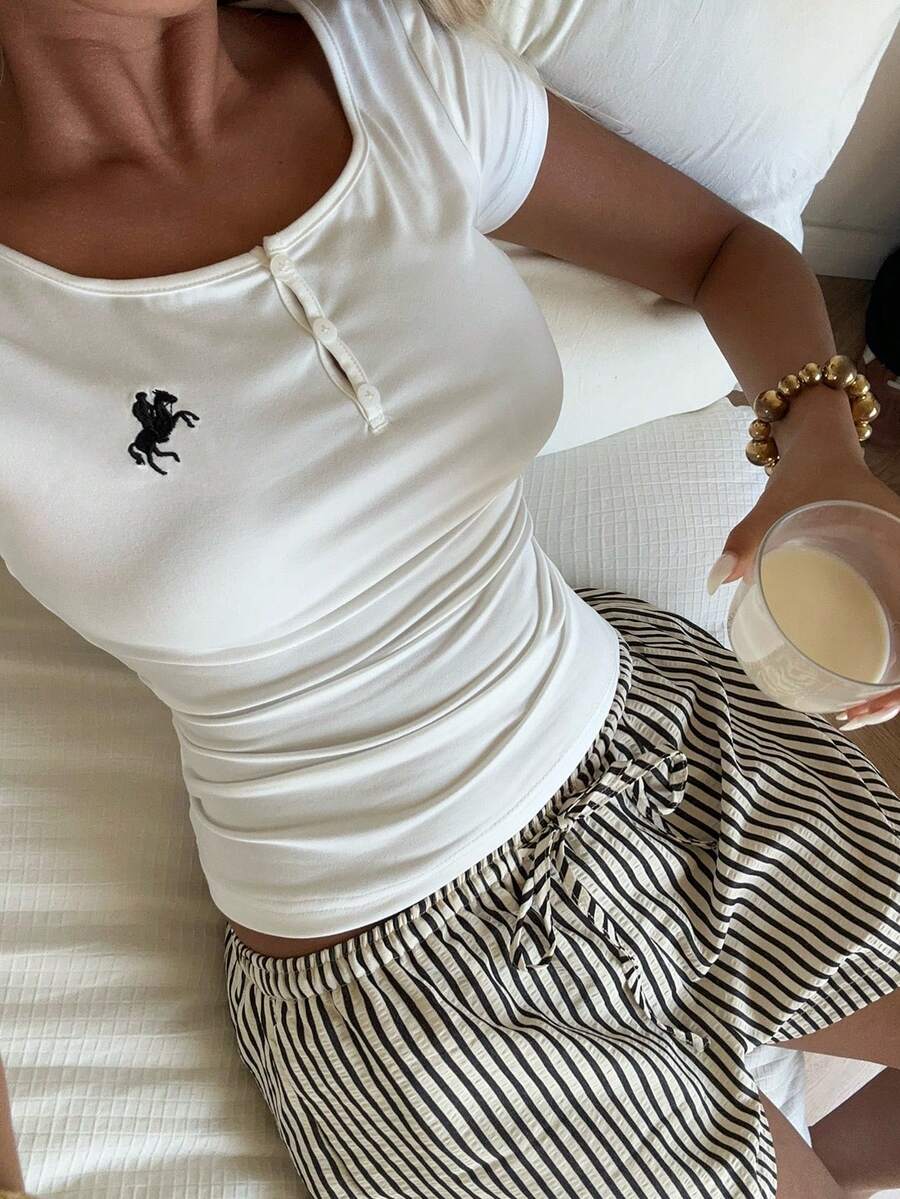 CovetEZ New Spring/Summer Women's Casual Embroidered Detail Button Top And Striped Pants 2-Piece Set, White Outfit Suitable For Beach Vacation, Valentine's Day, Music Festival, Holiday Beach And Other Occasions - Black and White - View 1