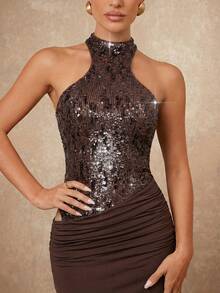 Lumalex Đầm dài ôm sát gợi cảm dành cho nữ, phối sequin và hạt cườm, kiểu patchwork. - Cà phê nâu - Xem 6