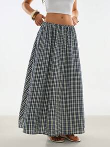 Poéselle Women's Plaid Loose Fit Fashionable Versatile Long Skirt, Summer - Blue - View 6