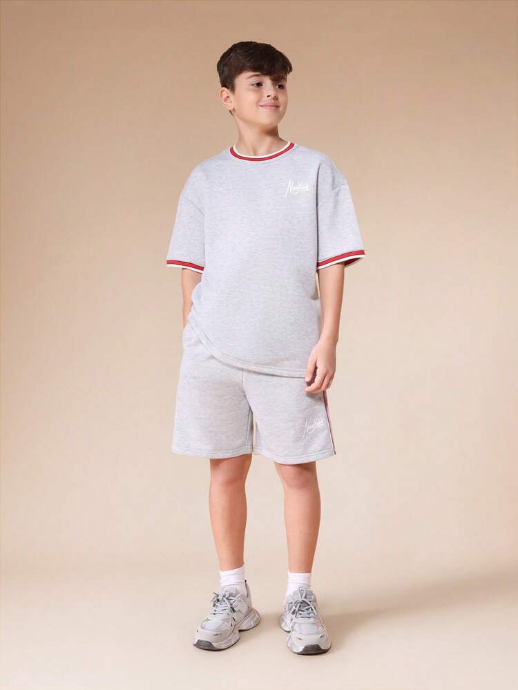 Boys Grey Heather Short Sleeve T Shirt And Matching Shorts Co Ord Set With Red White Contrast Ribbed Trim Details