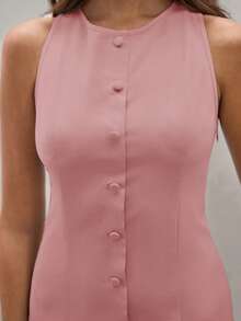 Women's Solid Color Front Button Fitted Sleeveless Mini Dress,Summer Dresses For Women - Dusty Pink - View 4