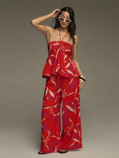 COSMINA Women's Summer 2-Piece Set, Tie Front Top And Long Pants Set, Floral Print Ladies Outfit, Women's Summer Vacation Set, Beach Holiday Suit, Casual Women's Suit