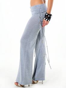 SUMWON WOMEN Women's Metallic Knit Wide Leg Palazzo Pants With Beaded Fringe Detail Low Rise Folded Waistband Flare Trousers Fall Winter - Silver - View 6