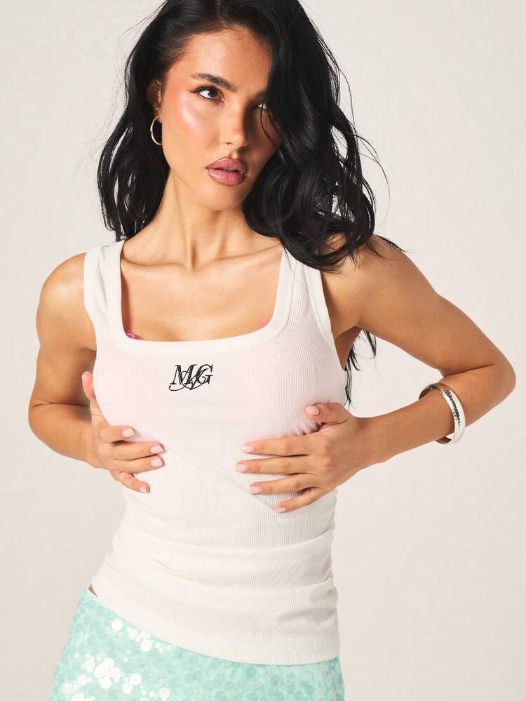MISSGUIDED MG Branded White Ribbed Square Neck Tank Top With Logo Detail For Casual Summer Styling