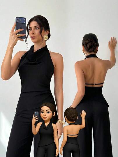 Firerie Women's New Elegant Commuter Asymmetric Collar Sleeveless Backless Adjustable Button Decorated Fitted Black Office Shirt And Minimalist Casual Fashion Back-To-School High Waist Textured Wide Leg Pants Set, Business Trousers Set, Women's Elegant Commuter Daily Versatile Street Fashion New Plunging Neckline And High Waist Pants Set, Women's Commuter Shirt Set, Spring Summer Autumn Clothing, Elegant, Commuter, Work Attire, Back-To-School Season, Formal, Women's Two Pieces Set