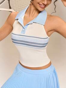 Hanevo Summer New Casual Elegant Beach Vacation Sports Exercise Polo Collar Sleeveless Short Women Top - Multicolor - View 5