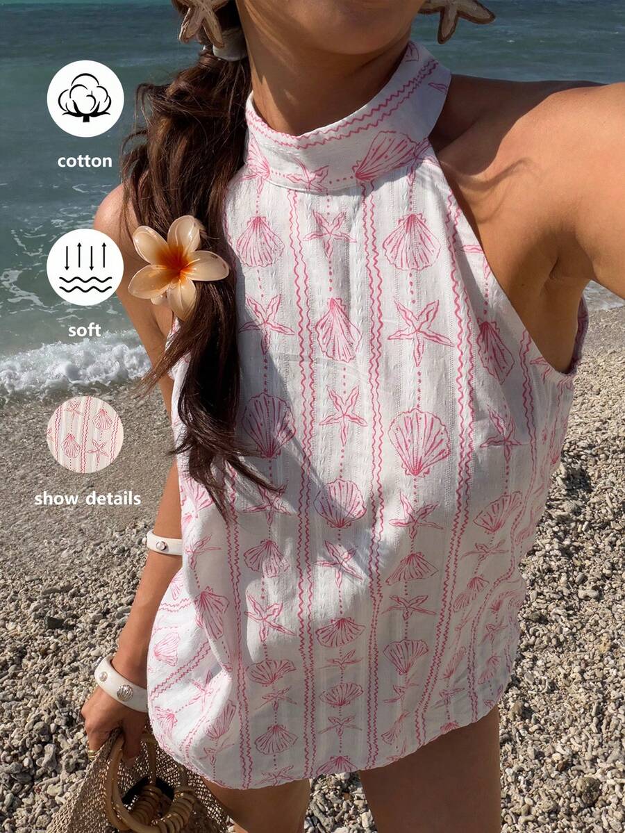 Elyressa Women's Vacation Casual Starfish & Shell Print Halter Shirt - Random Floral Pattern - Pink - View 1