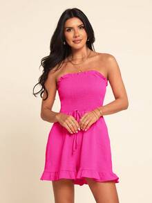 Coeurva Bộ jumpsuit nữ màu hồng, kiểu dáng giản dị, lãng mạn, thanh lịch, tối giản, thích hợp cho kỳ nghỉ biển, không dây vai. - Màu Hồng Tươi - Xem 6