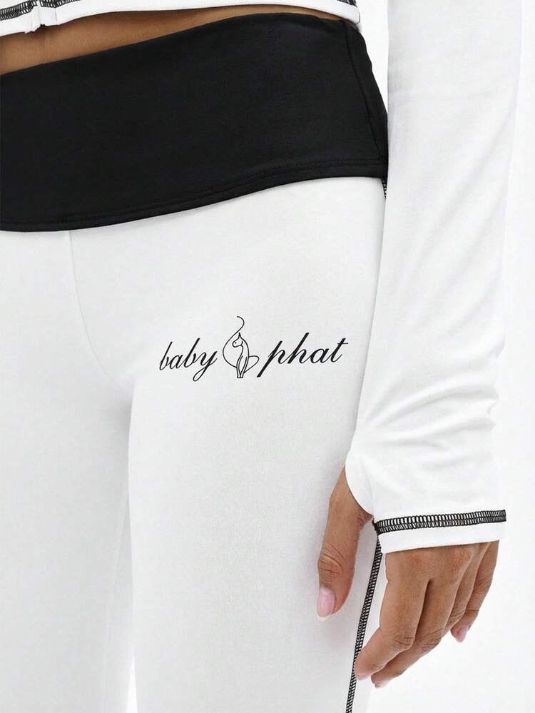 BABYPHAT High Waisted Contrast Piping Flare Leggings Women's White Bell Bottom Yoga Pants Stretch Fit Casual Loungewear