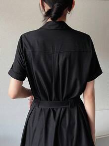 FRIFUL Women's Regular Collar Waist Cinched Mesh Patchwork A-Line Dress Sundress - Black - View 6