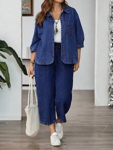 EMERY ROSE EMERY ROSE Blusa vaquera casual versátil de manga 3/4 con botones delanteros para tallas grandes - Azul lavado oscuro - Ver 4