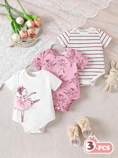 SHEIN Set de 3 piezas de pelele de manga corta con estampado de bailarina para bebés niñas en verano, diseño ajustado y cómodo, adecuado para salidas, reuniones familiares, sesiones de fotos y días de baile