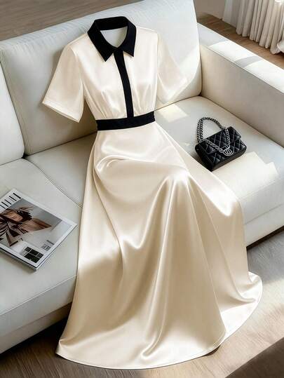 GlowEve CURVE 大码女装春夏新款优雅撞色缎面亮面A字连衣裙，法式复古收腰修身衬衫领高领设计，奢华迷人