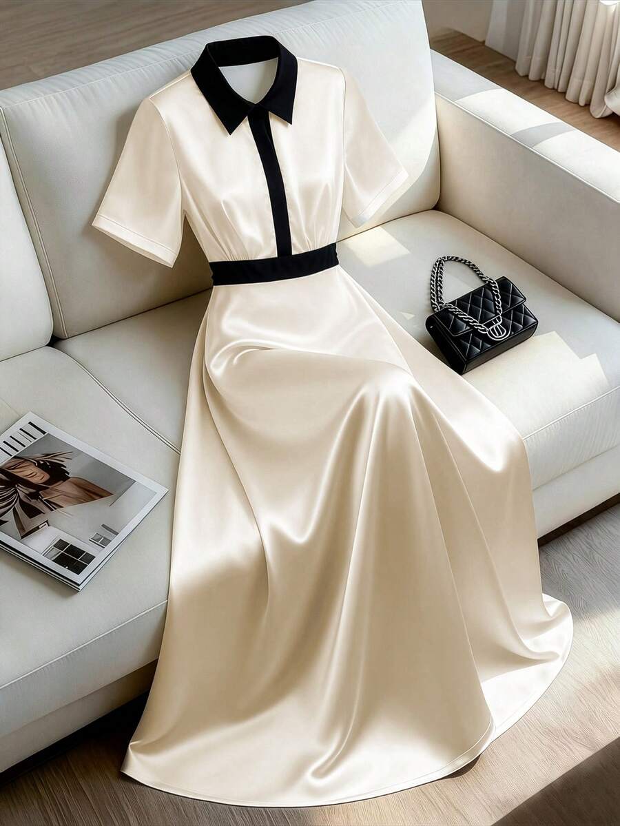 GlowEve CURVE 大码女装春夏新款优雅撞色缎面亮面A字连衣裙，法式复古收腰修身衬衫领高领设计，奢华迷人 - 杏色 - 查看 1