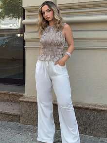 Jeta Ari 女式条纹圆领荷叶边下摆修身背心 - 咖啡棕 - 查看 5