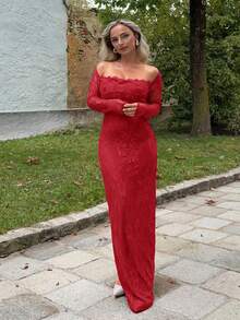 Jeta Ari Women's New Autumn/Winter Party Date Night Sexy S-Shaped Lace Long Sleeve Bra Cup Fishbone Square Neck Bodycon Dress, Black,Summer Dresses For Women - Burgundy - View 5