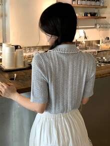 DAZY Women's Pearl Splice Short Sleeve Grey Knit Top - Grey - View 5