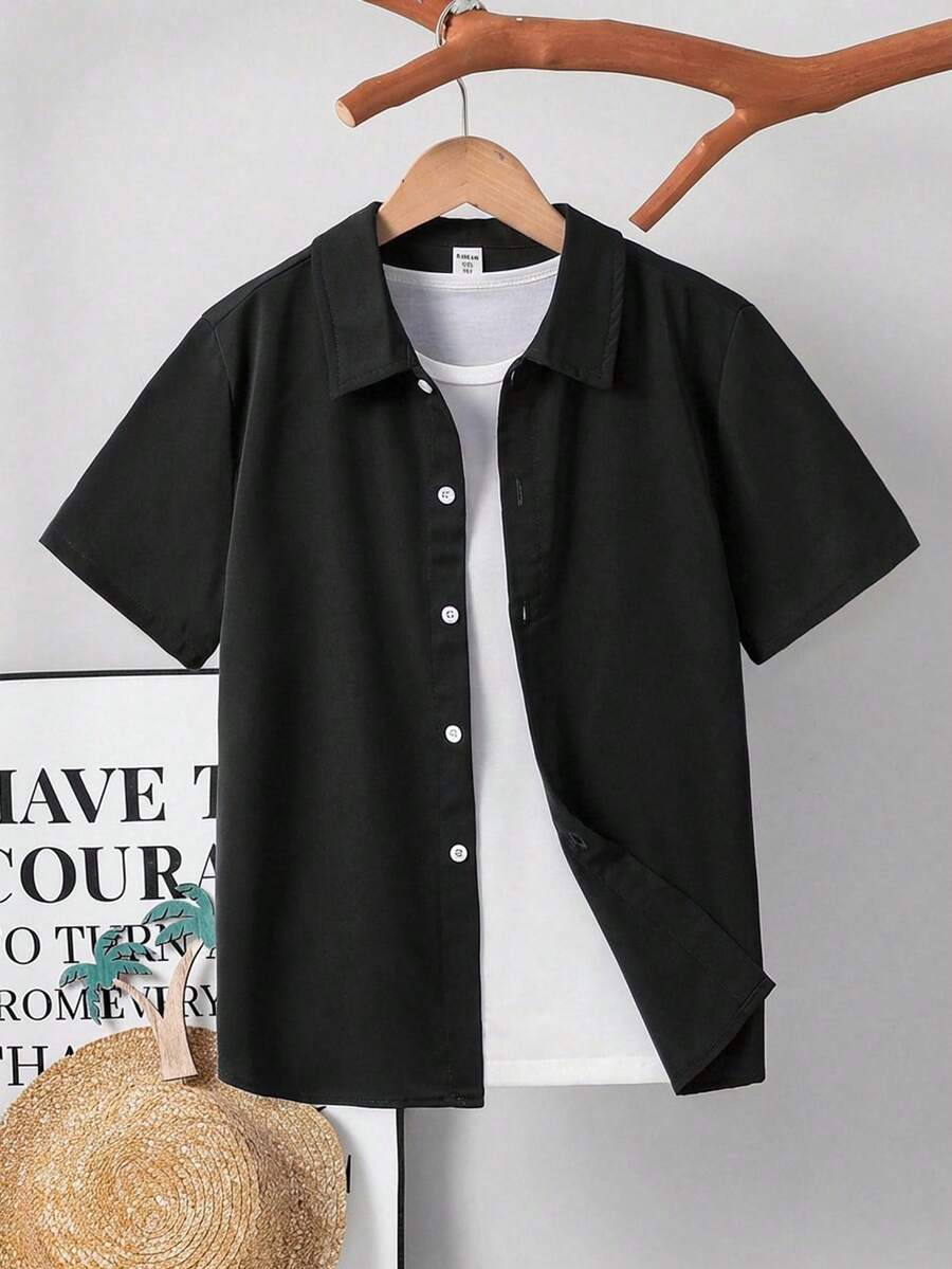 SHEIN 男童休闲舒适撞色短袖衬衫 - 黑色 - 查看 1