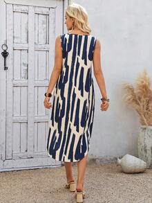 EMERY ROSE Đầm ngắn nữ kiểu dáng thường ngày, không tay, in họa tiết toàn thân, vạt bất đối xứng, thích hợp cho mùa hè. - Màu xanh hải quân - Xem 2