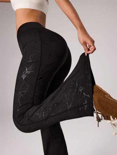 Dewbera Women's Tight Fit Shiny Black With Silver Foil Fabric Flared Waistband Sports Pants, Suitable For Daily Casual Wear, Running, Yoga, Gym, Tennis, Golf, Spring/Autumn