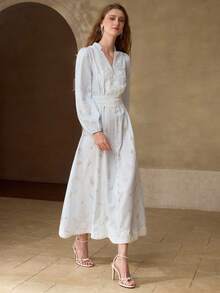 MOTF PREMIUM WOMEN'S ELEGANT LONG SLEEVE CONTRAST LACE NOTCHED NECK DRESS - Multicolor - View 4