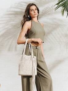 SHECARRY 女士单肩包，编织镂空单肩包，时尚假日流苏包。 - 米色 - 查看 8