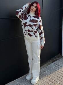Bearsaez Novo suéter marrom de outono, roupas femininas, outono, casual, gola alta, textura de leite, suéter com estampa de vaca, outono/inverno, suéter marrom feminino, suéter de inverno, suéter de outono, blusa com estampa de leopardo - Multicolorido - Ver 5